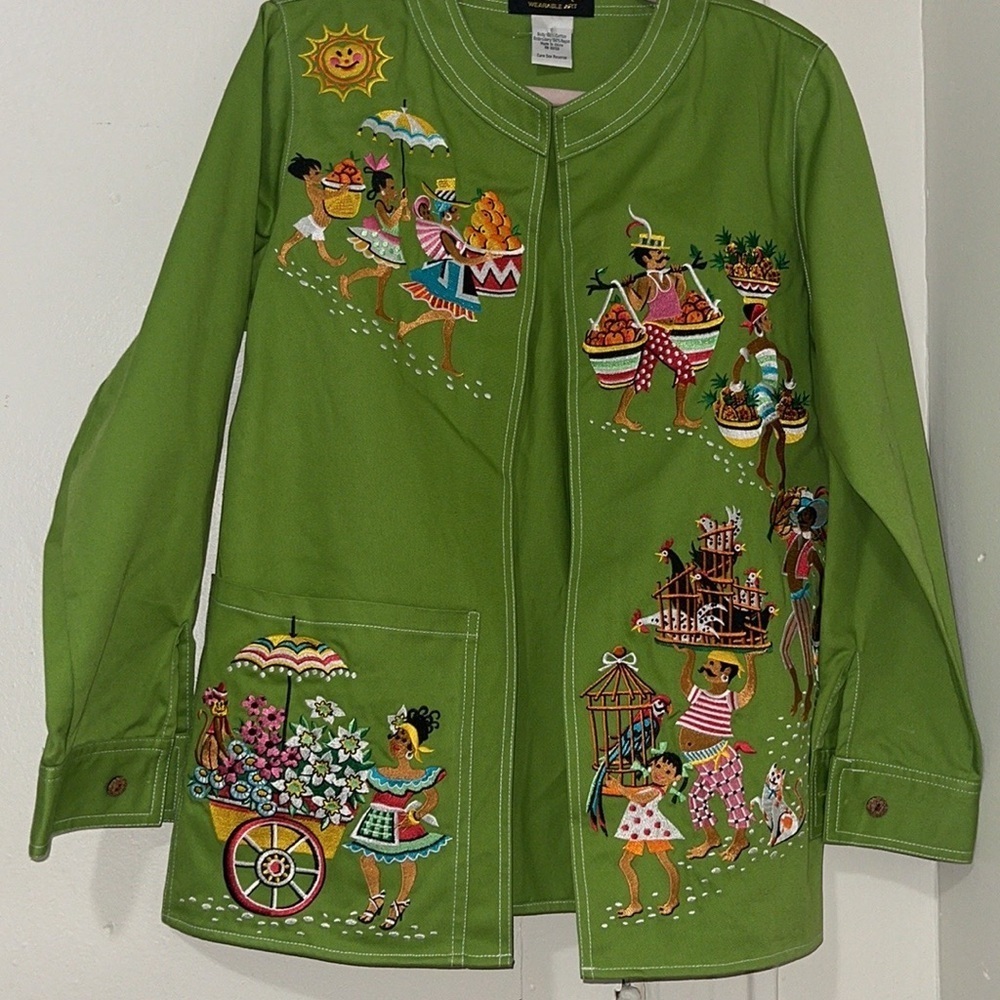 Bob Mackie Green Cotton Denimlike rare Open embroidered Cardigan Jacket - Picture 5 of 12
